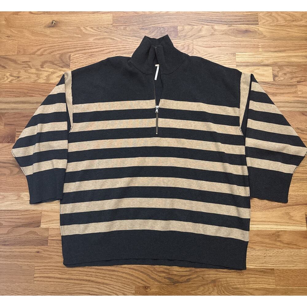 Free People Coastal Stripe Pullover Carbon Camel Zip Front Neck Size Small
